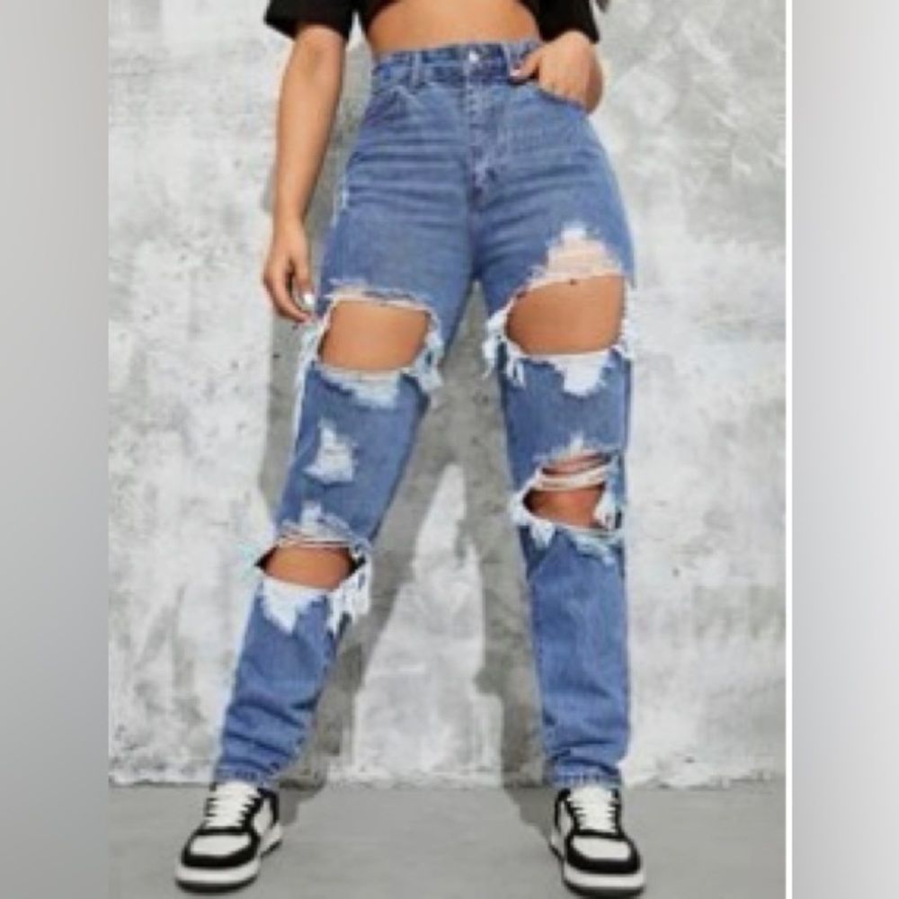 High Waisted Ripped Cut Out Straight Jeans